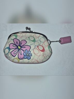 Coach Multicolor Signature Floral Kiss-Lock Coin Purse with Pink Trim